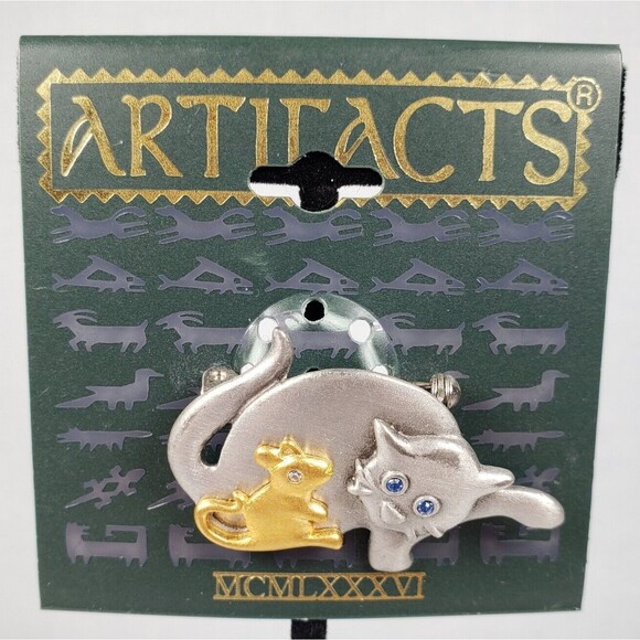 Vintage 1986 JJ Jonette Silver Tone Staring Blue Eye Cat Mouse Artifacts Brooch - Picture 2 of 4
